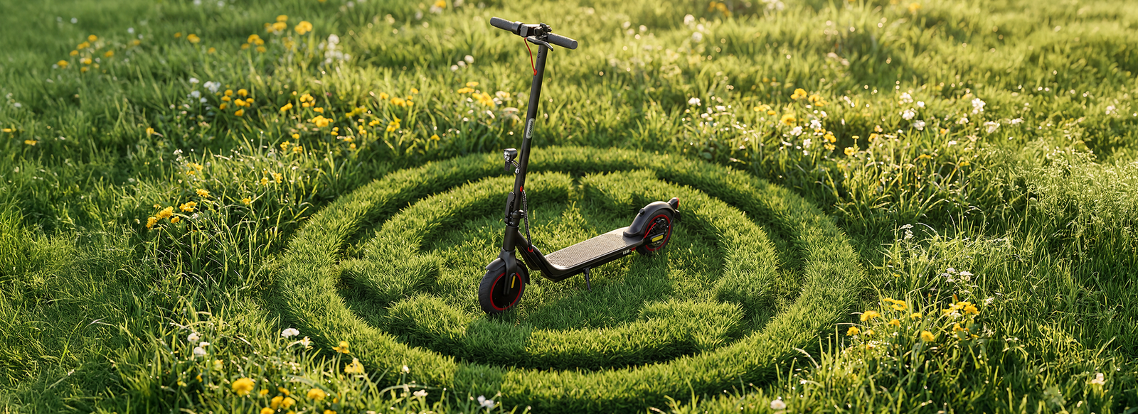 An electric scooter stands at the center of a circular pattern cut into a lush green field filled with wildflowers, symbolizing iScooter's Green Earth Programme and its commitment to sustainable, eco-friendly transportation.