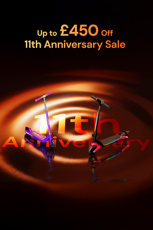 An 11th Anniversary sale promotion graphic features a purple and a black electric scooter displayed against a glowing, ripple-effect background.