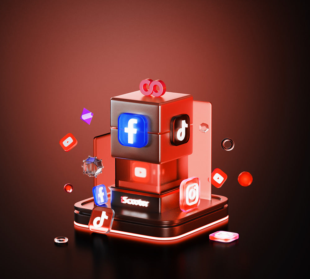 This mobile-optimized promotional graphic for the iScooter 11th anniversary showcases a stylized 3D display surrounded by floating social media icons, designed to encourage community engagement.