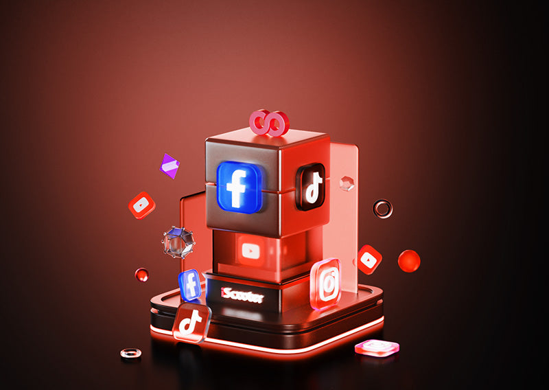 This promotional graphic for the iScooter 11th anniversary features a 3D-styled central display surrounded by various social media icons to encourage engagement across platforms.