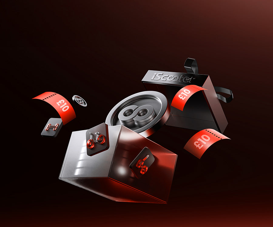 This promotional graphic celebrates the iScooter 11th anniversary with a stylized scene featuring floating gift boxes, currency tokens, and vouchers marked with the brand's logo.