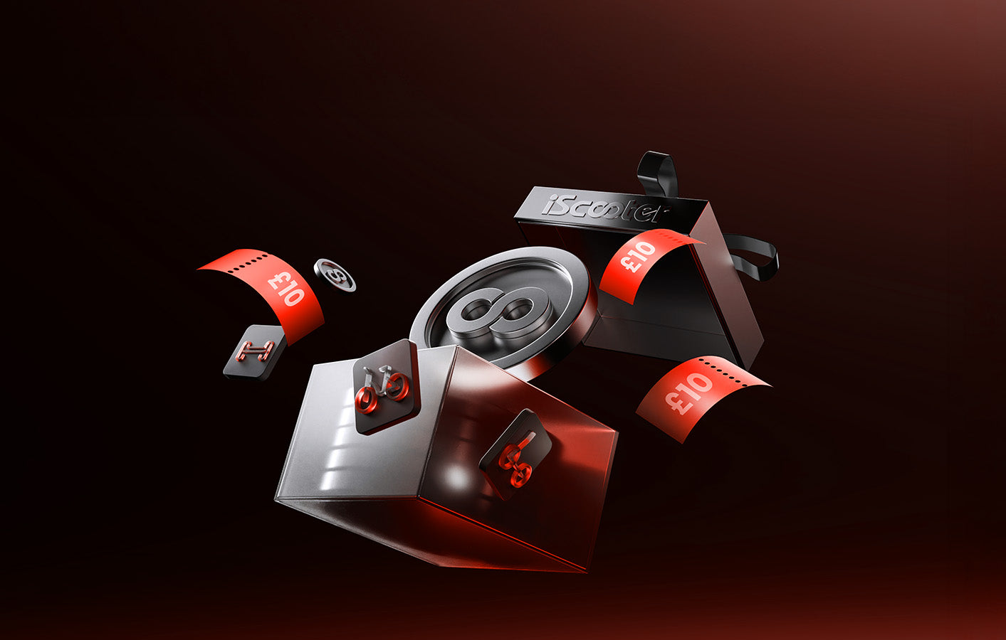 This promotional graphic for PC displays celebrates the iScooter 11th anniversary with a stylized, wide-format composition of floating gift boxes, currency tokens, and branded discount vouchers.