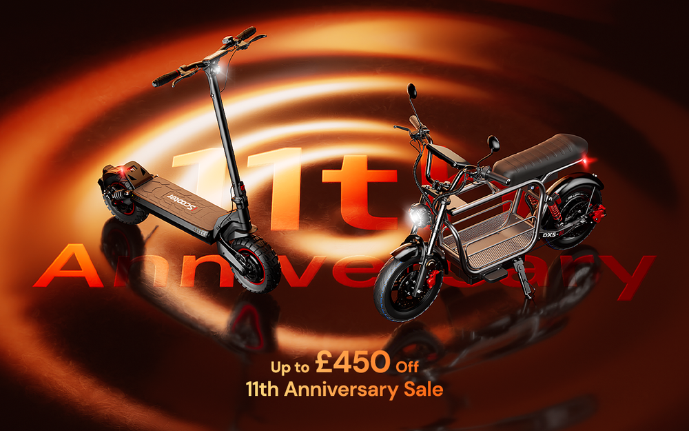 This promotional image displays two electric scooters on a golden, rippled background to advertise an 11th Anniversary Sale with discounts of up to £450.