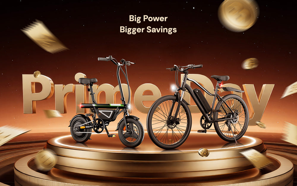 Prime Day promotional banner featuring a folding electric bike and a full-size electric bicycle displayed on a glowing podium. Gold coins and banknotes float around the products against a warm gold background, with the text “Prime Day” and “Big Power, Bigger Savings” emphasizing special e-bike deals.