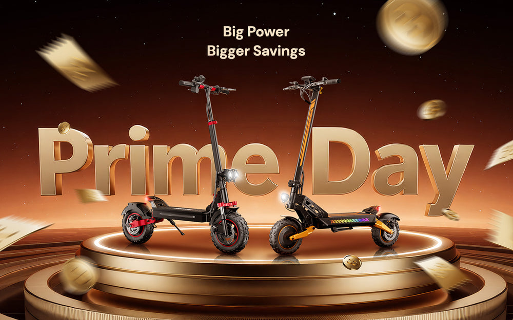 Prime Day promotional banner featuring two electric scooters displayed on a glowing podium. Gold coins and floating banknotes surround the scooters against a warm gold background, with large “Prime Day” text and the slogan “Big Power, Bigger Savings” highlighting special electric scooter deals and discounts.