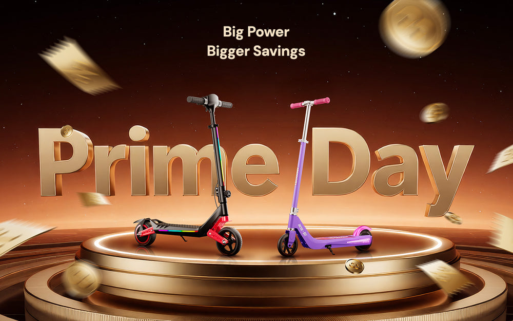 Prime Day promotional graphic featuring two colorful kids' electric scooters on a glowing podium, surrounded by floating coins and cash against a dark gold background. The text reads “Prime Day” and “Big Power, Bigger Savings,” highlighting special offers on children's scooters.
