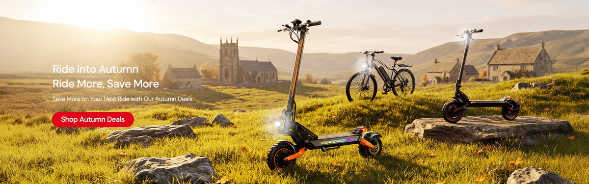 iScooter autumn sale promotional hero banner showing electric scooters and an e-bike in a grassy field.