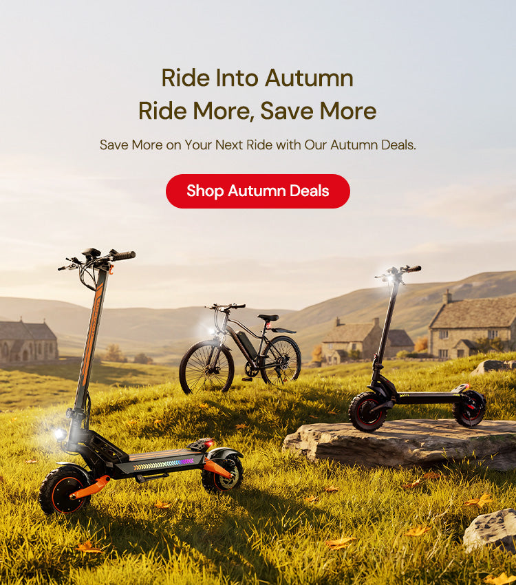 iScooter autumn sale promotional banner featuring electric scooters and an e-bike in a grassy field.