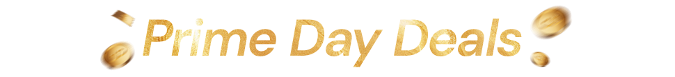 Gold stylized text reading 'Prime Day Deals' flanked by floating gold coins on a transparent background.