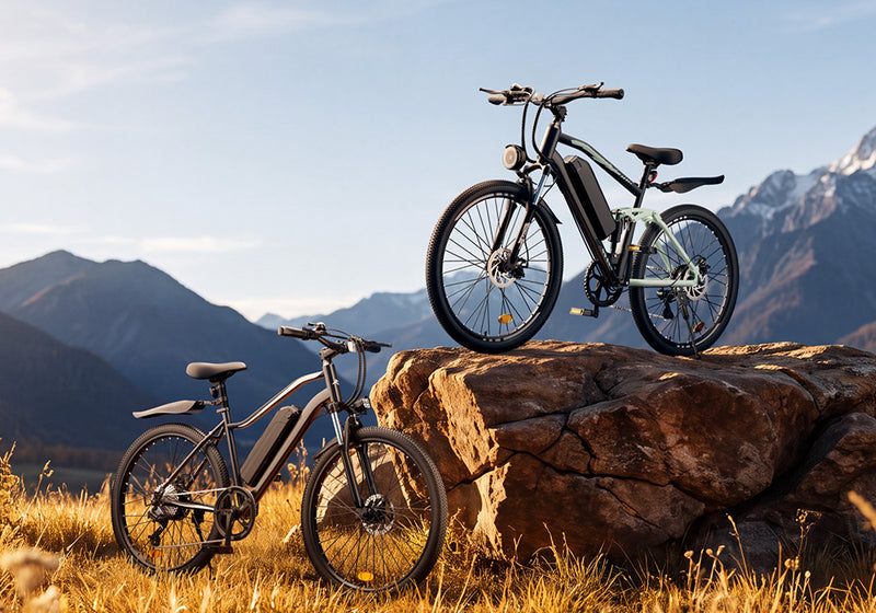 A light-colored electric bike on a rock ledge and a dark electric bike in a golden grassy field against scenic mountains.