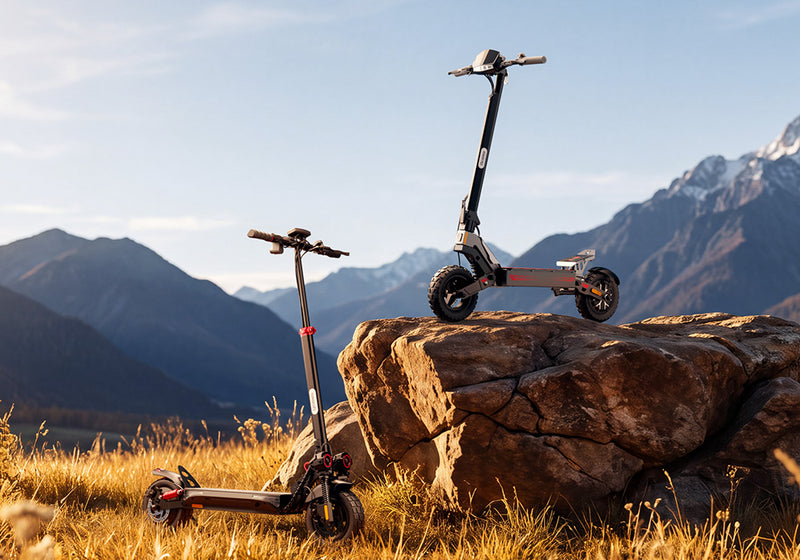 Two electric scooters parked outdoors in a grassy field in front of scenic rocky mountains.