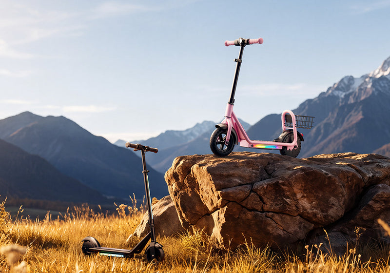 Pink kids' electric scooter with LED lights perched on a rock and a black scooter in a grassy field against mountains.