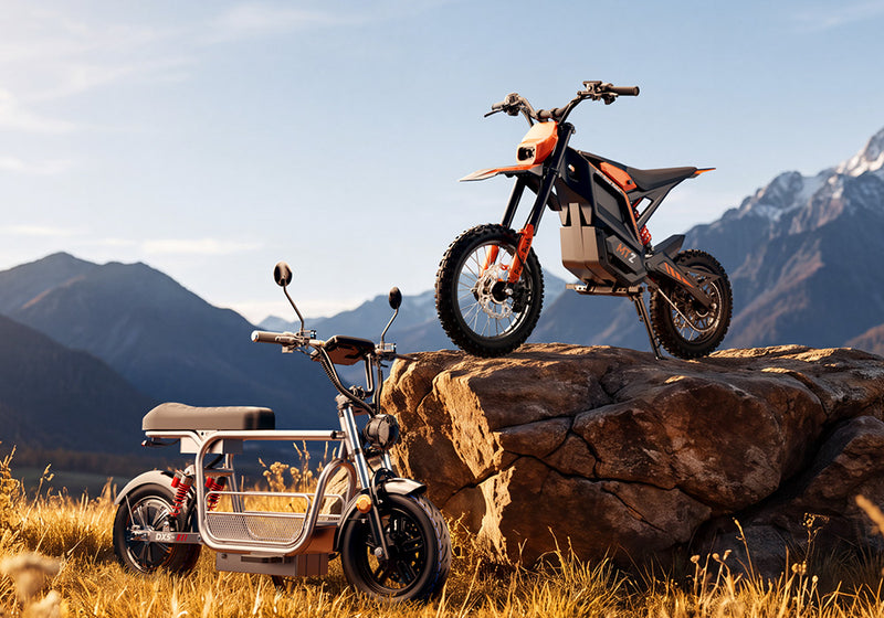 Orange off-road electric dirt bike on a rock ledge and a silver moped-style electric bike in a grassy field against scenic mountains.