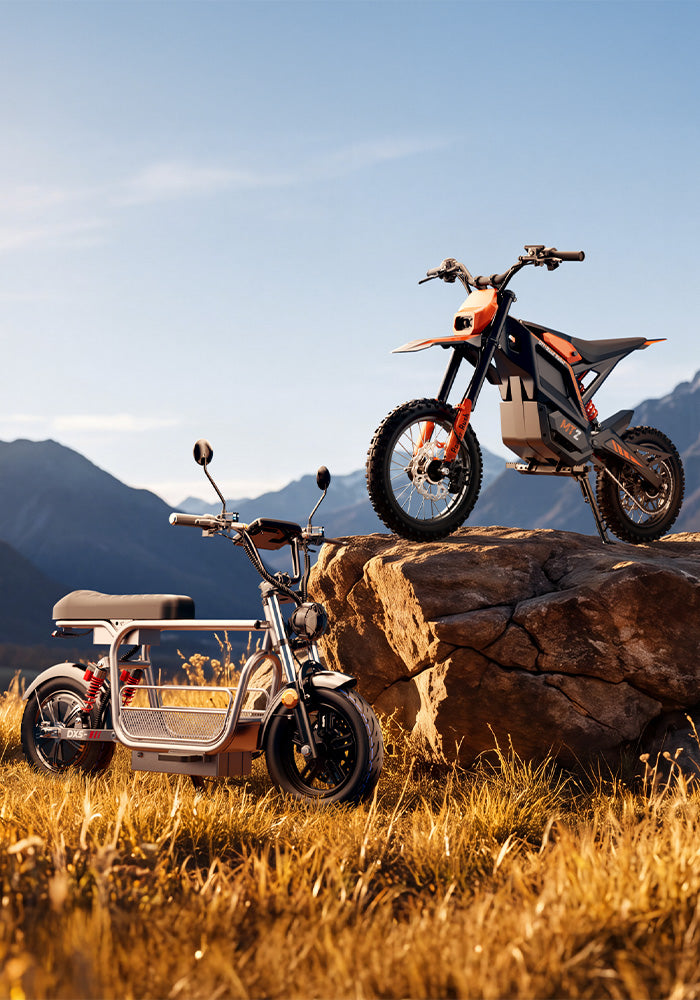 Vertical photo of an orange off-road electric dirt bike on a rock ledge and a silver moped-style electric bike in a grassy field.