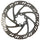 A studio product shot of a metallic, circular ventilated disc brake rotor with a spiral cutout pattern, designed for the DX5 electric scooter and isolated on a white background.
