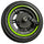 Close-up product image of an electric scooter wheel assembly featuring a black tire, dark alloy rim with green accent ring, and integrated hub motor, showcasing durability and performance-focused design.