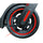 Close-up of an electric scooter's front wheel featuring a black tire with a red accent ring.