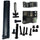 Black electric scooter stem folding mechanism hardware and mounting kit components.