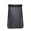 Front view of a black iScooter phone mount case featuring a clear touch-screen window, textured border stitching, and white iScooter branding logo printed at the top.
