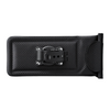 Rear view of a black textured phone mount pouch showing the durable mounting clip mechanism and quick-release strap on a plain white background.