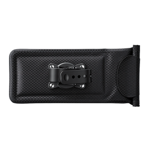 Rear view of a black textured phone mount pouch showing the durable mounting clip mechanism and quick-release strap on a plain white background.