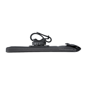 Side profile of a black scooter phone mount pouch with mounting clamp.