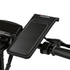 Black iScooter handlebar phone holder pouch mounted on an electric scooter.