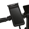 Close-up view of a black iScooter phone mount pouch with a clear touch-screen window mounted on electric scooter handlebars next to directional and power control buttons.