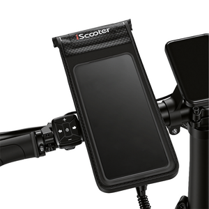 Close-up view of a black iScooter phone mount pouch with a clear touch-screen window mounted on electric scooter handlebars next to directional and power control buttons.