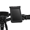 Front-angle view of a black iScooter phone mount pouch with a touch-screen clear window, mounted on electric scooter handlebars next to a digital display dashboard.