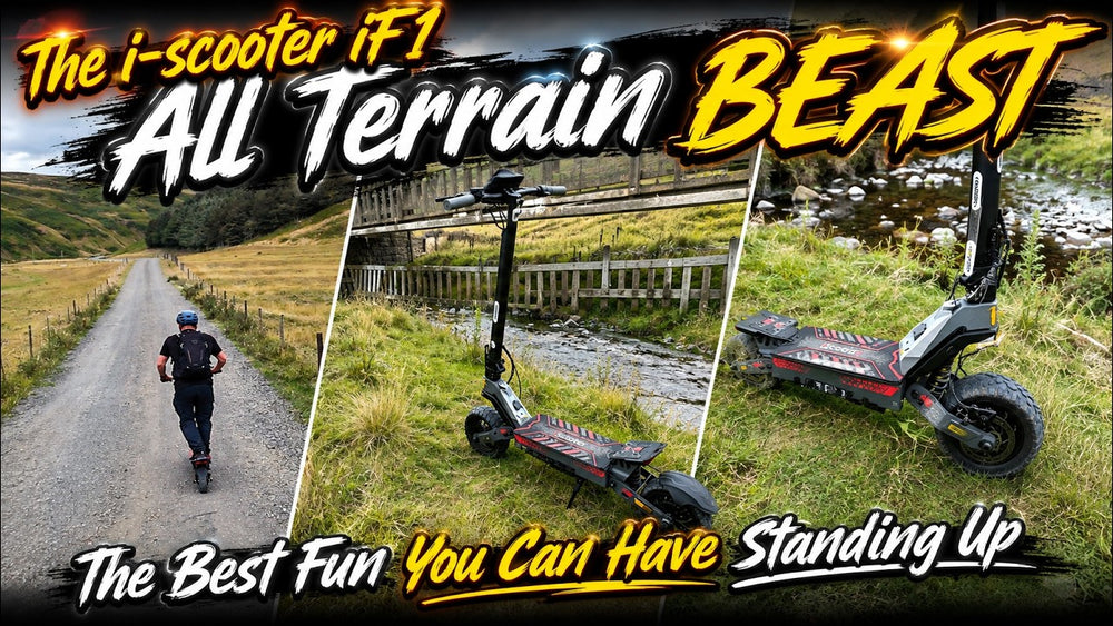 YouTube video thumbnail split into three panels showcasing the iScooter iF1 electric scooter in action and up close, with bold white and yellow text reading 