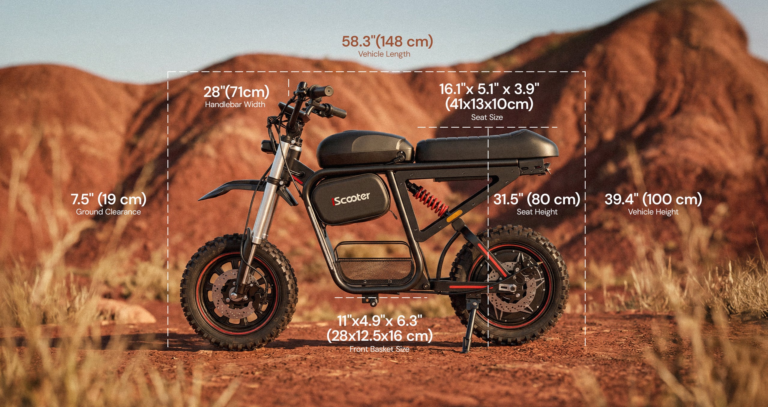 Dimension diagram of the iScooter DX5 Max electric bike, showing overall length, wheelbase, seat dimensions, handlebar height, seat height, ground clearance, and tire size, displayed against a desert landscape background.