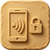 NFC access icon embossed on a textured tan square background, featuring a smartphone with wireless signal waves alongside a padlock. The simple graphic represents NFC unlocking, keyless access, and enhanced security features.