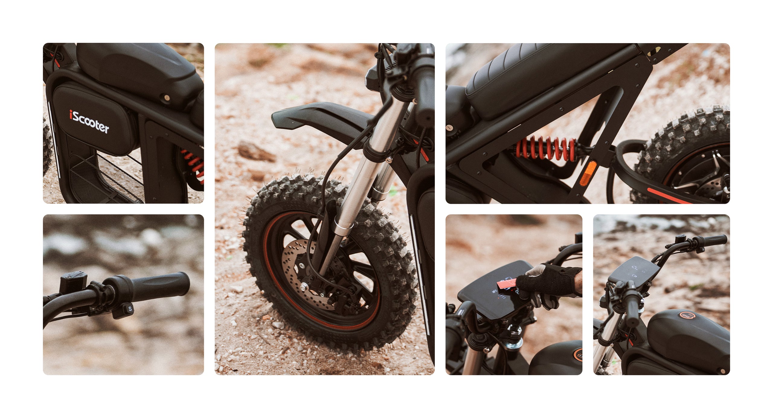 Collage showcasing key features of the iScooter DX5 Max electric bike, including the front cargo basket, fat front tire and fender, throttle control, NFC unlocking system, removable battery, and rear suspension, highlighting its rugged design and practical functionality.