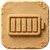 Battery icon embossed on a textured tan square background, showing a fully charged battery with five bars. The simple graphic symbolizes battery power, energy capacity, or long-range performance.