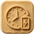 Charging time icon embossed on a textured tan square background, featuring a clock alongside a battery with a lightning bolt symbol. The simple graphic represents battery charging duration, fast charging, and power replenishment.