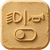 Lighting control icon embossed on a textured tan square background, featuring a headlight symbol, a horn symbol, and a toggle switch. The simple graphic represents integrated lighting controls, signaling functions, and rider-accessible vehicle controls.