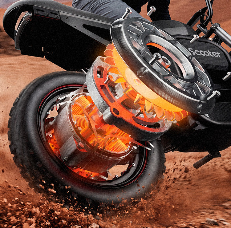 Close-up promotional image of the iScooter DX5 Max electric bike featuring a stylized exploded-view motor graphic over the rear wheel. Glowing orange internal components are shown separated to reveal the motor’s structure, while the bike rides across rugged dirt terrain, kicking up dust and debris. The image highlights the DX5 Max’s high-performance motor technology and off-road power.
