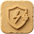 Overcharge protection icon embossed on a textured tan square background, featuring a shield with a lightning bolt and power plug symbol. The simple graphic represents battery safety, charging protection, and electrical system security.
