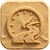 Range icon embossed on a textured tan square background, featuring a winding road leading toward a speedometer-style gauge. The simple graphic represents riding range, long-distance travel, and extended battery endurance.