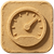 Speedometer icon embossed on a textured tan square background, featuring a gauge with a needle pointing upward. The simple graphic represents speed, acceleration, and high-performance riding capability.