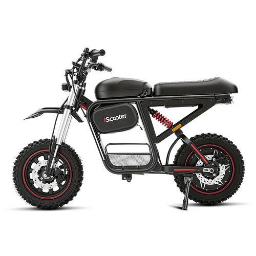 Side profile of the iScooter DX5 Max electric bike in black, featuring fat off-road tires, dual disc brakes, front suspension forks, rear shock absorber, long padded seat, and integrated storage compartment on a white background.