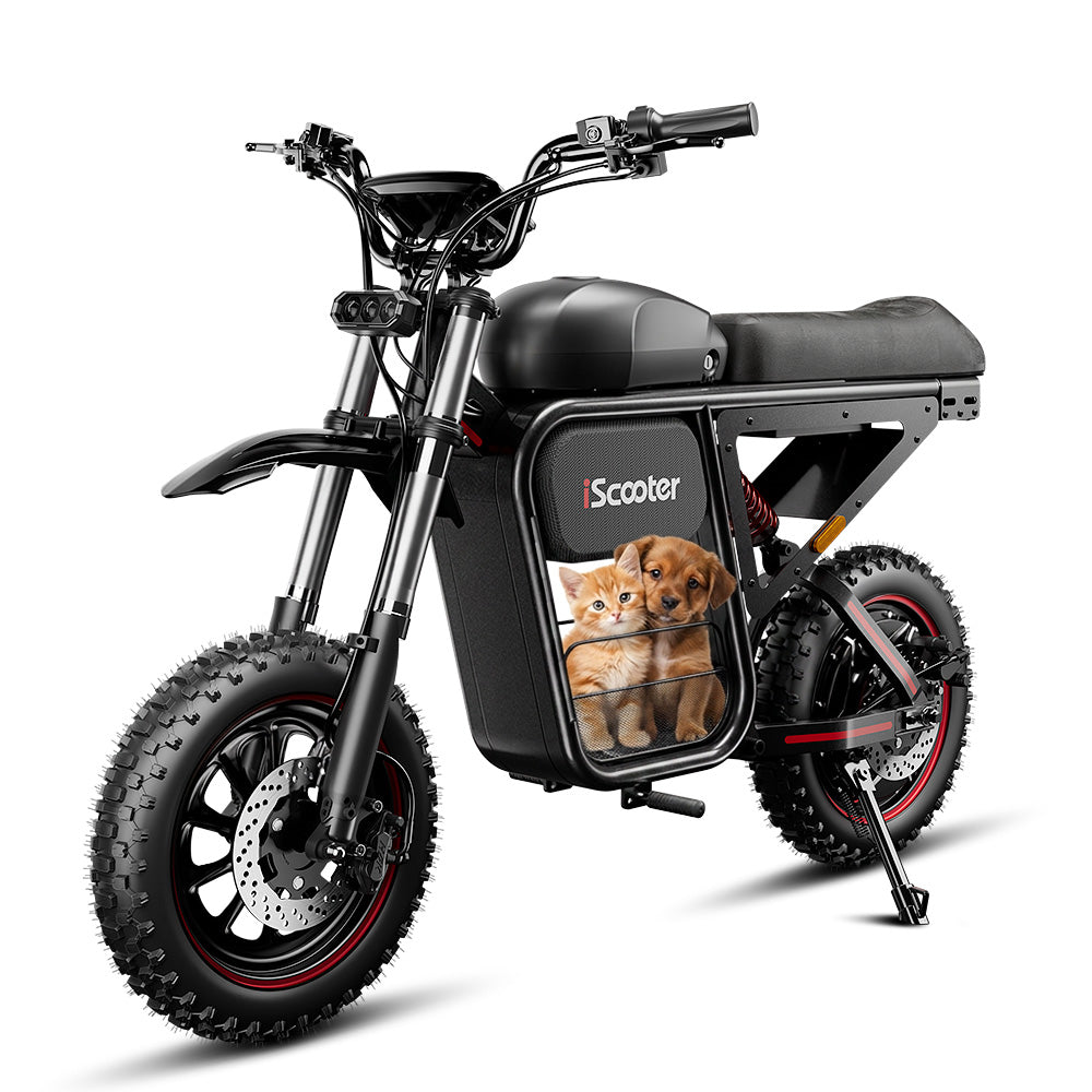 A studio product image of a black electric bike displayed on a white background. The bike features fat off-road tires, front suspension forks, disc brakes, and a long padded seat. Inside the bike’s central storage compartment, a small puppy and kitten are shown sitting together, highlighting the bike’s pet-carrying capability. The image emphasizes practicality, comfort, and versatility for riders traveling with small pets.