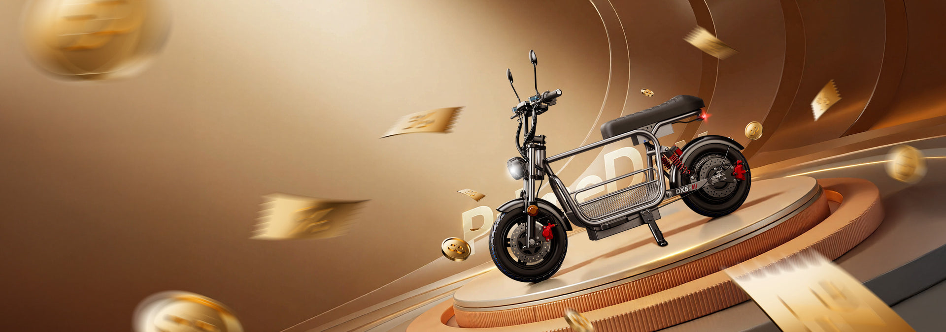 A widescreen promotional banner featuring a black electric moped scooter showcased on a circular golden stage with blurred gold coins flying past.