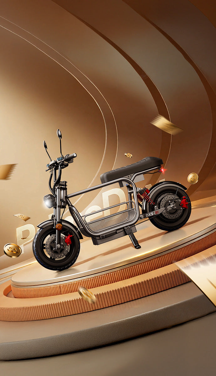 A promotional banner featuring a black electric moped scooter displayed on a multi-tiered golden stage with floating gold coins for a Prime Day sale.
