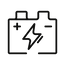 A white line icon of a vehicle battery with a lightning bolt symbol in the center, representing the battery performance and power system of the DX5 electric scooter.