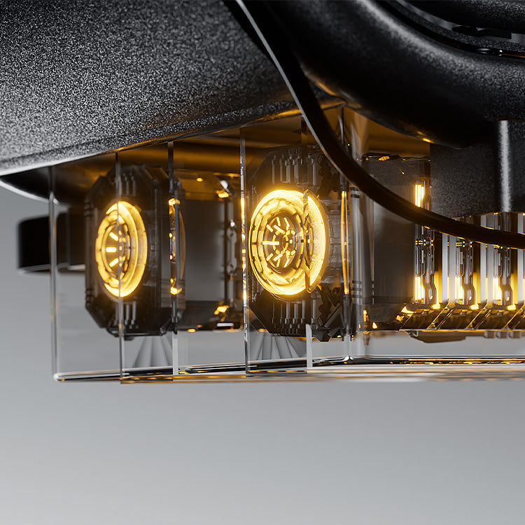 Close-up rendering of the DX5 electric moped battery compartment, featuring a transparent casing that reveals glowing golden cylindrical power cells.