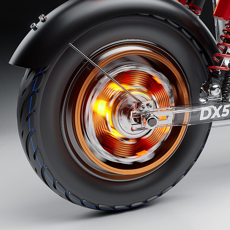 Close-up rendering of the DX5 electric scooter hub motor with a glowing internal power effect.