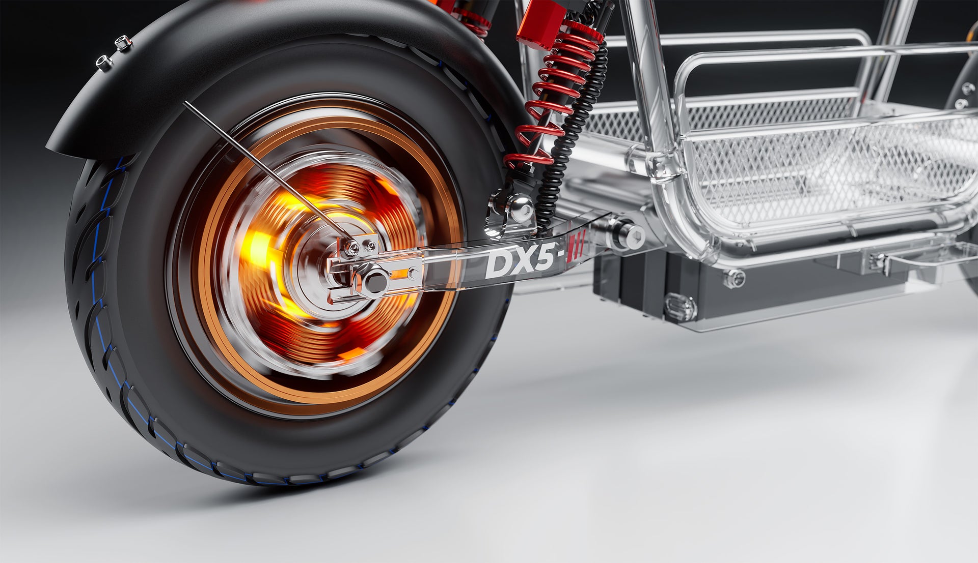 Detailed landscape view of the DX5 electric moped chassis, featuring a transparent cutout on the rear wheel showing a glowing orange 1500W hub motor.
