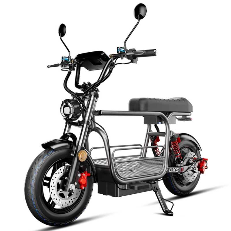 A product photo of a black textured handlebar top-bar storage bag for the iScooter DX5 electric scooter, featuring a clear touch-screen smartphone pocket on top, isolated against a gradient grey background.